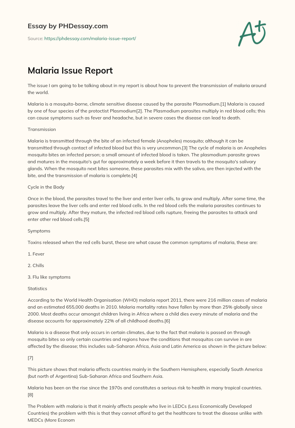 Malaria Issue Report essay