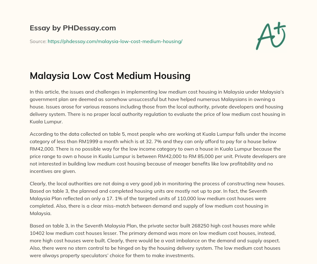 Malaysia Low Cost Medium Housing essay