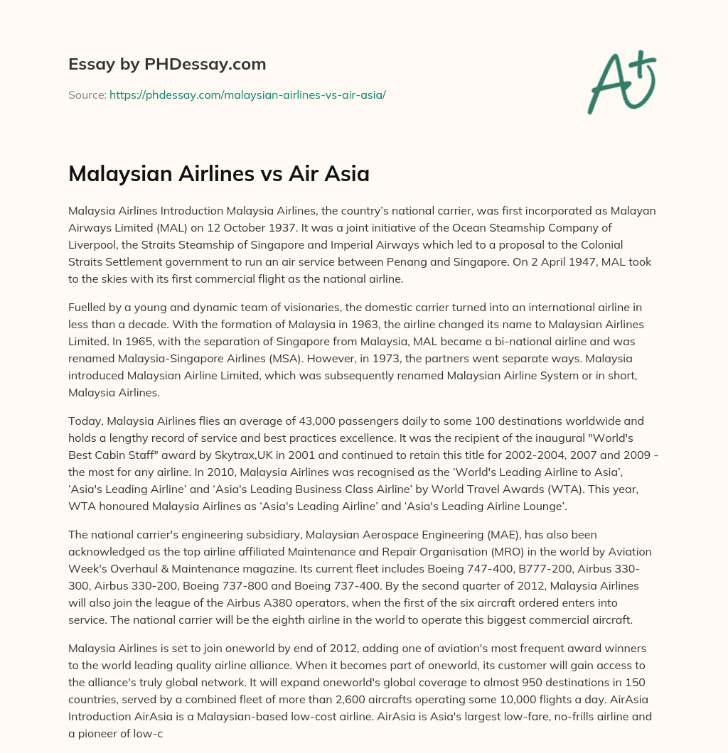 Malaysian Airlines vs Air Asia essay
