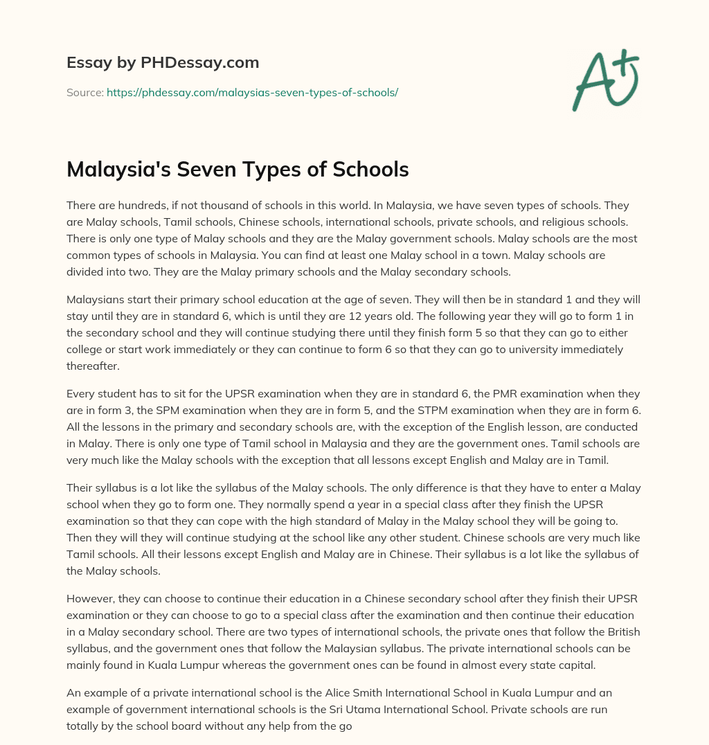 Malaysia’s Seven Types of Schools essay