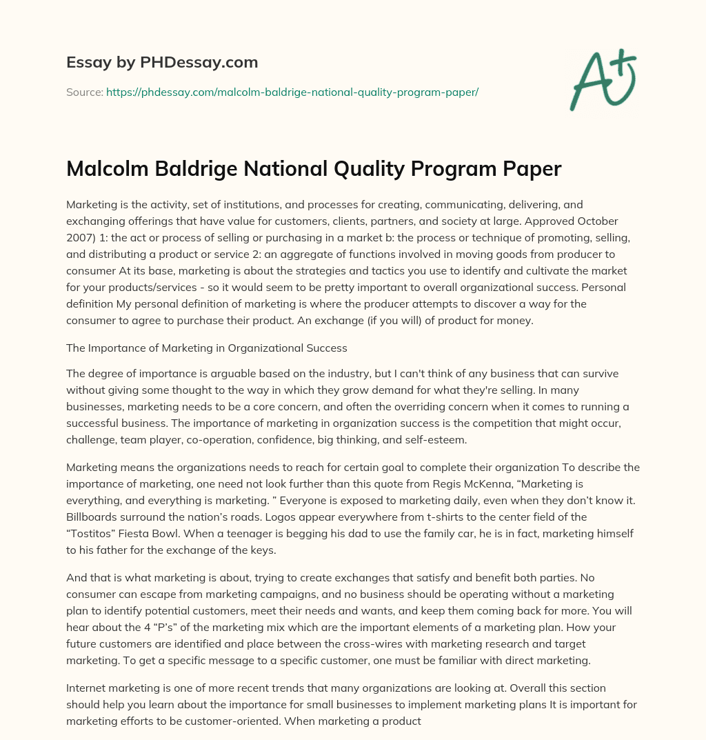 Malcolm Baldrige National Quality Program Paper essay