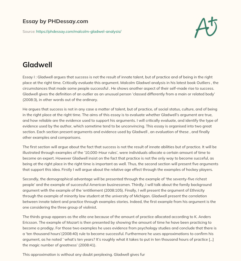 Reevaluating Success: Malcolm Gladwell’s Argument on Talent and Practice essay