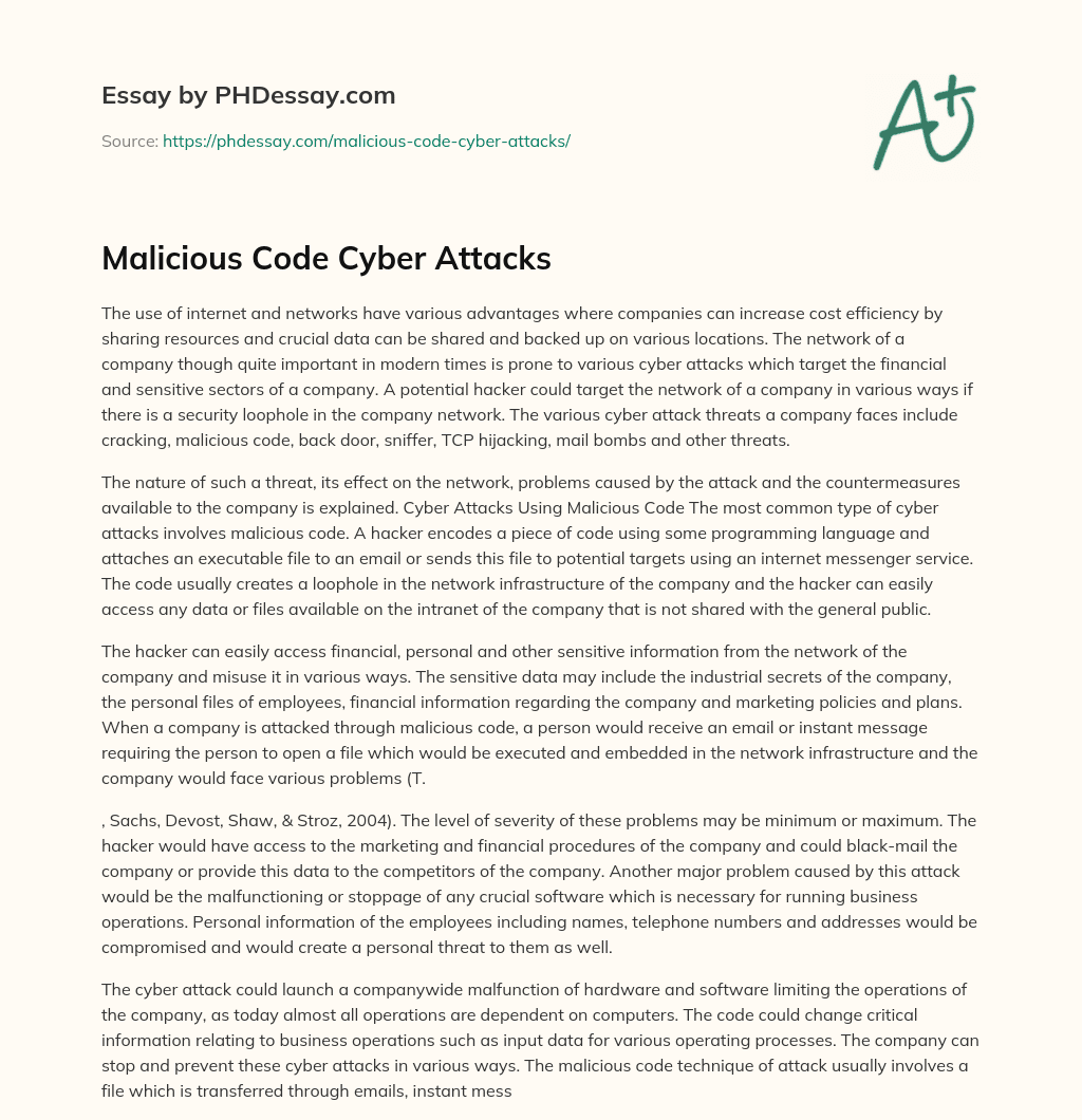 Malicious Code Cyber Attacks essay