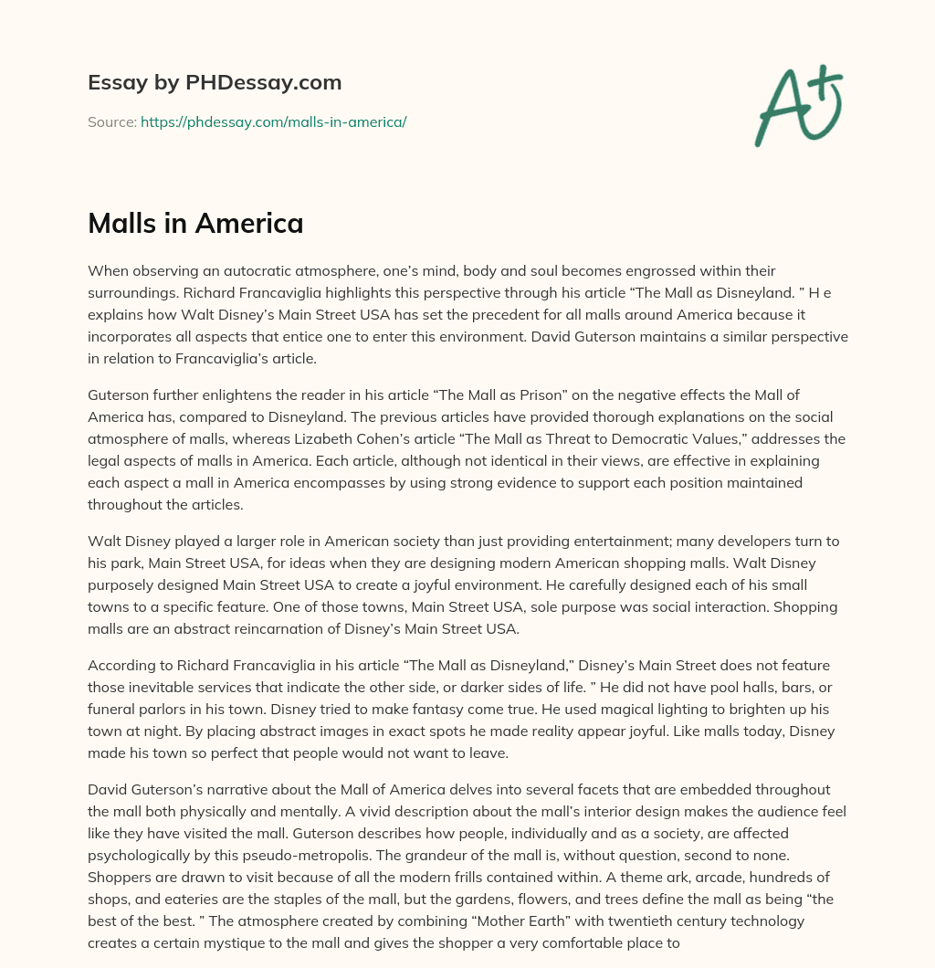 Malls in America essay