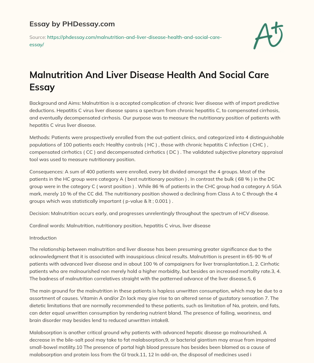 Malnutrition And Liver Disease Health And Social Care Essay essay