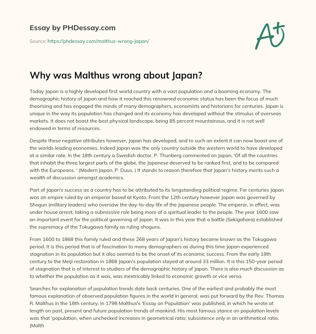 Why was Malthus wrong about Japan? essay