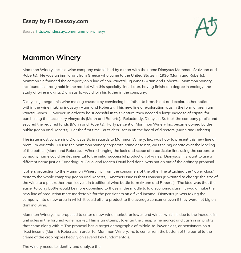 Mammon Winery essay