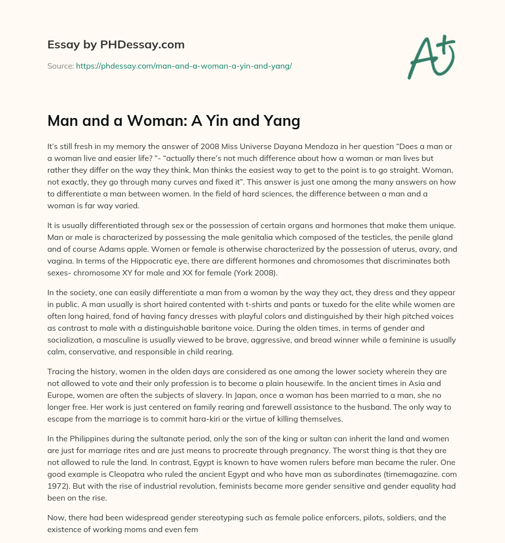 Man and a Woman: A Yin and Yang essay