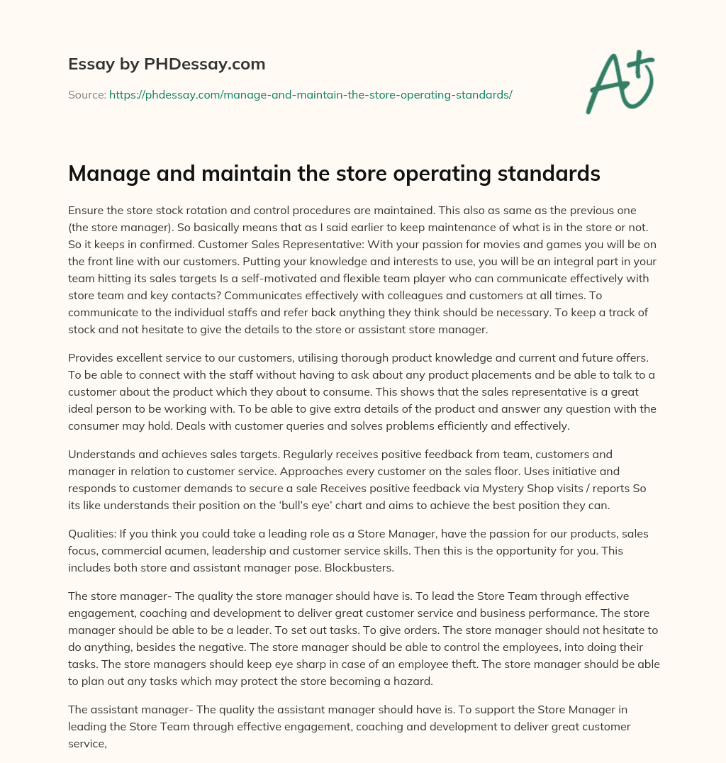 Manage and maintain the store operating standards essay