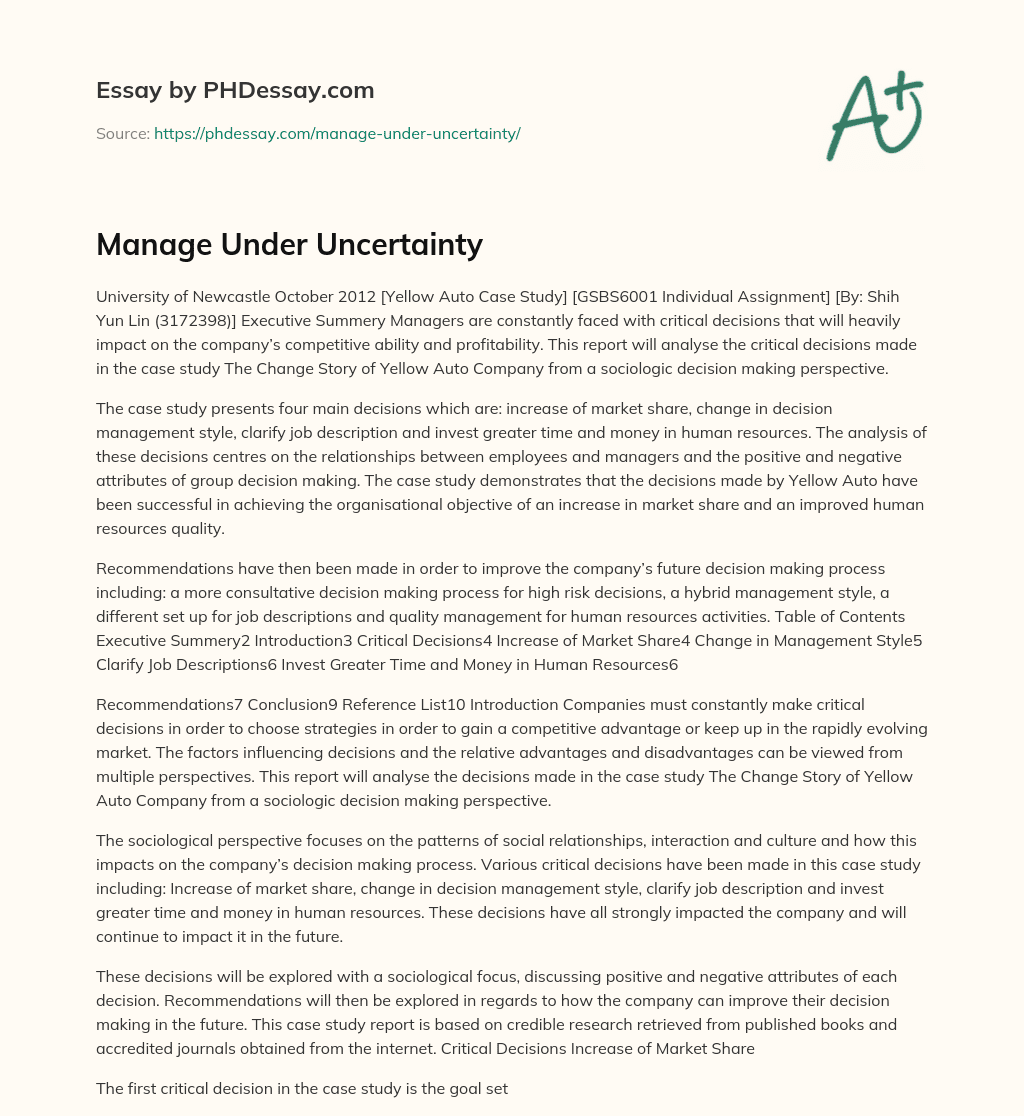 Manage Under Uncertainty essay