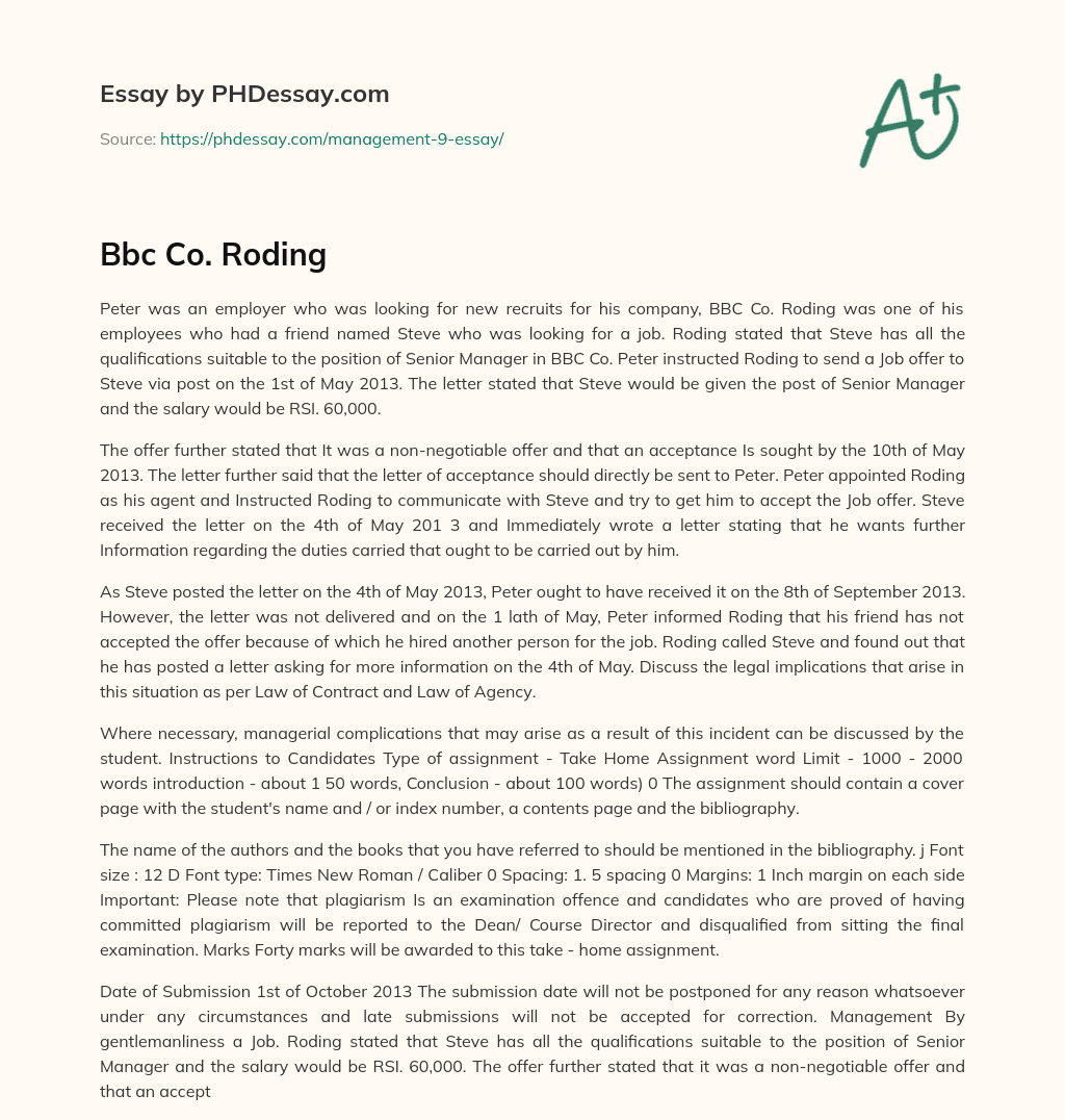 Employer Offers Non-Negotiable Senior Manager Position with BBC Co. to Steve essay