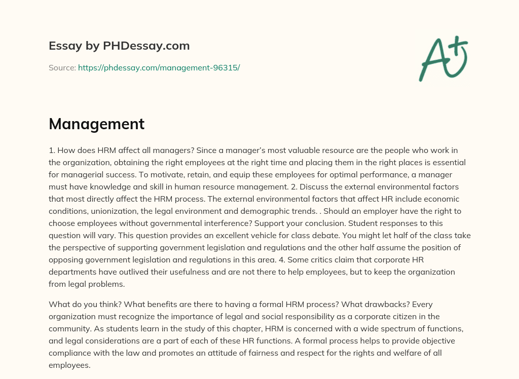 HRM’s Impact on Managerial Success and External Environmental Factors essay