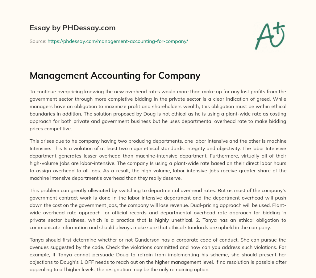 Management Accounting for Company essay