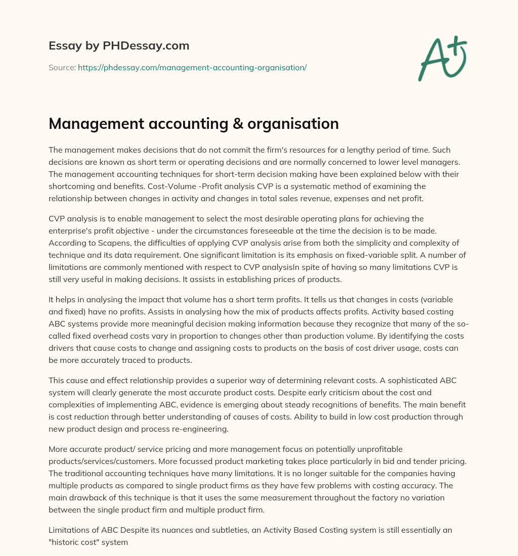 Management accounting & organisation essay