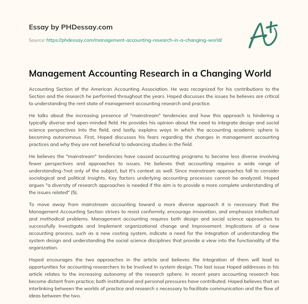 Management Accounting Research in a Changing World essay