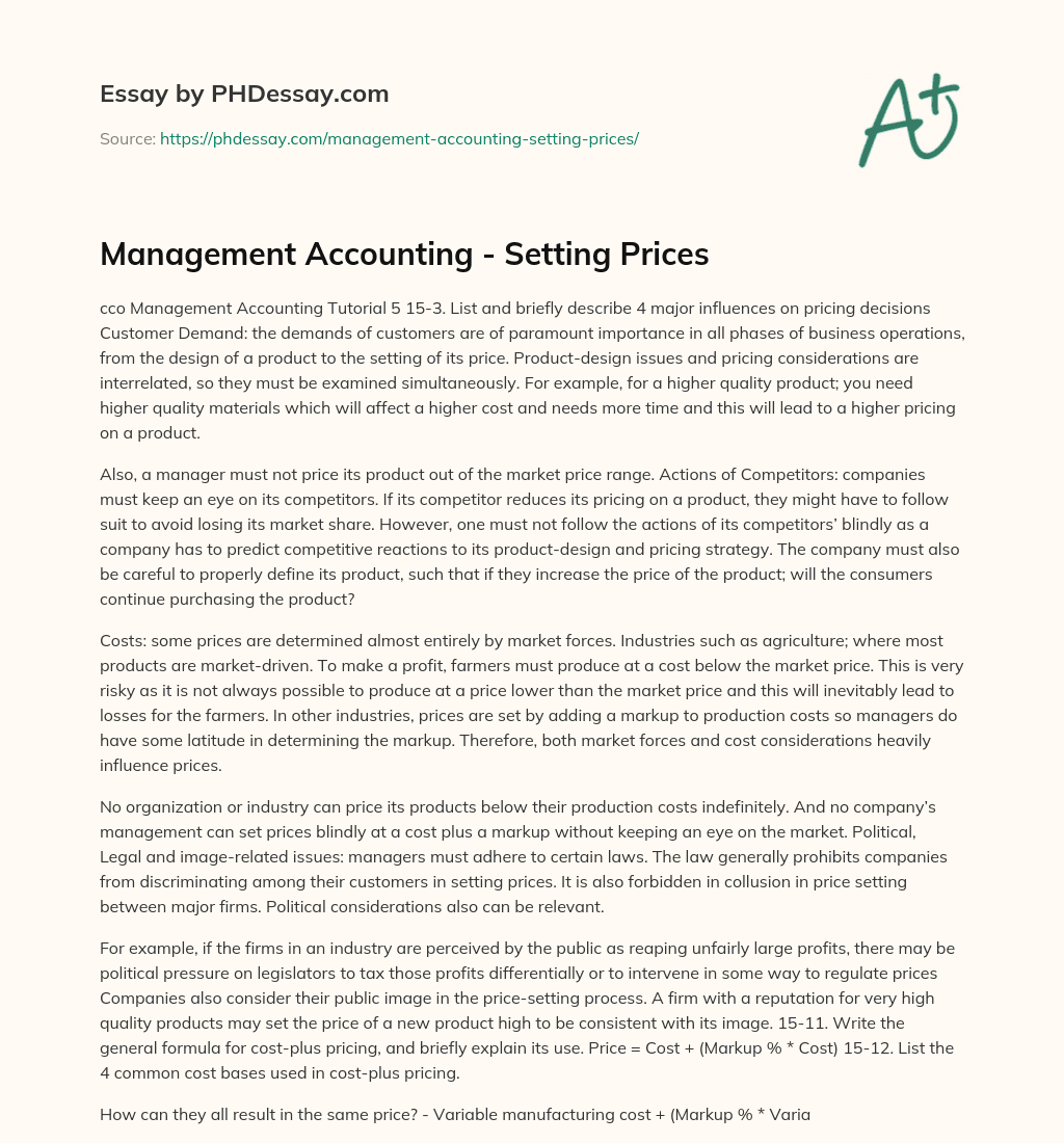 Management Accounting – Setting Prices essay