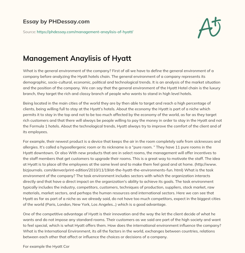 Management Anaylisis of Hyatt essay