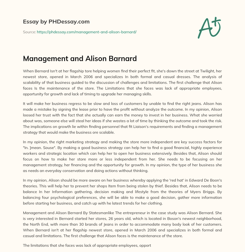 Management and Alison Barnard essay