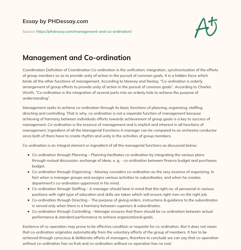 Management and Co-ordination essay