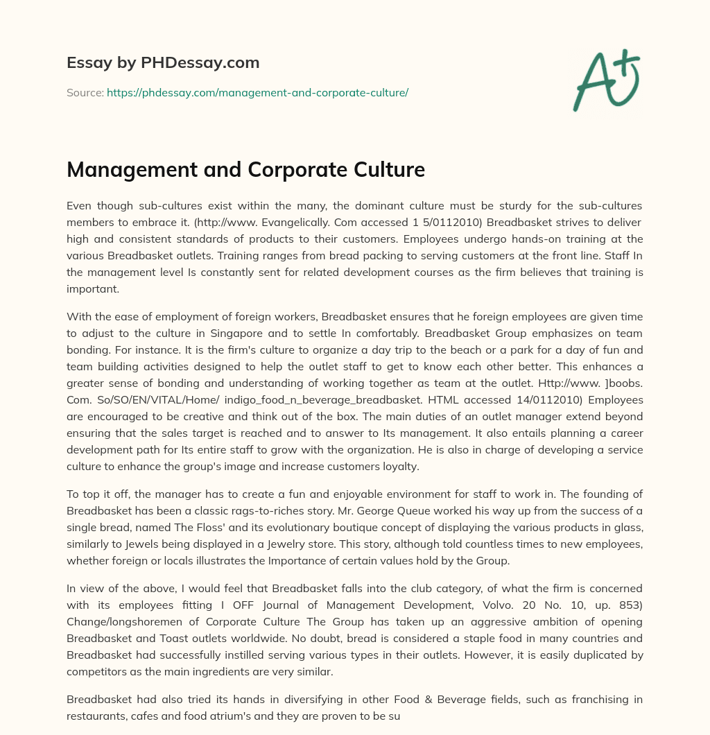 Management and Corporate Culture essay