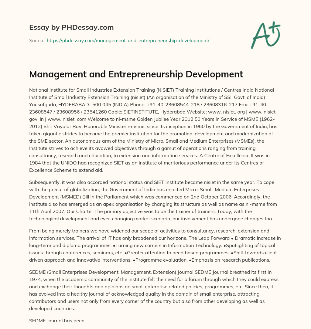 Management and Entrepreneurship Development essay