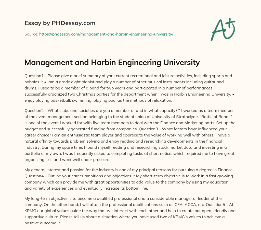 Management and Harbin Engineering University essay