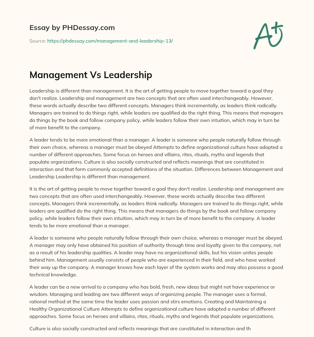 Management Vs Leadership essay