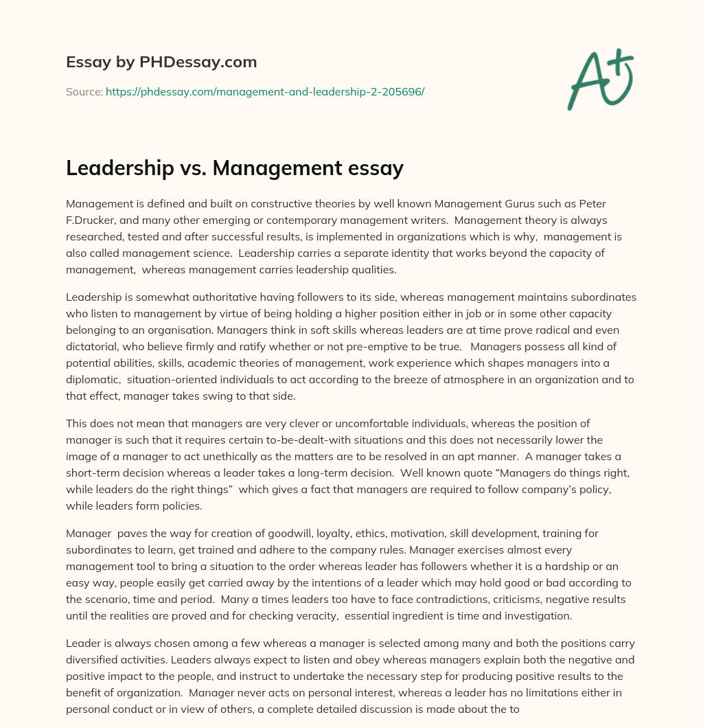 leadership vs management essay