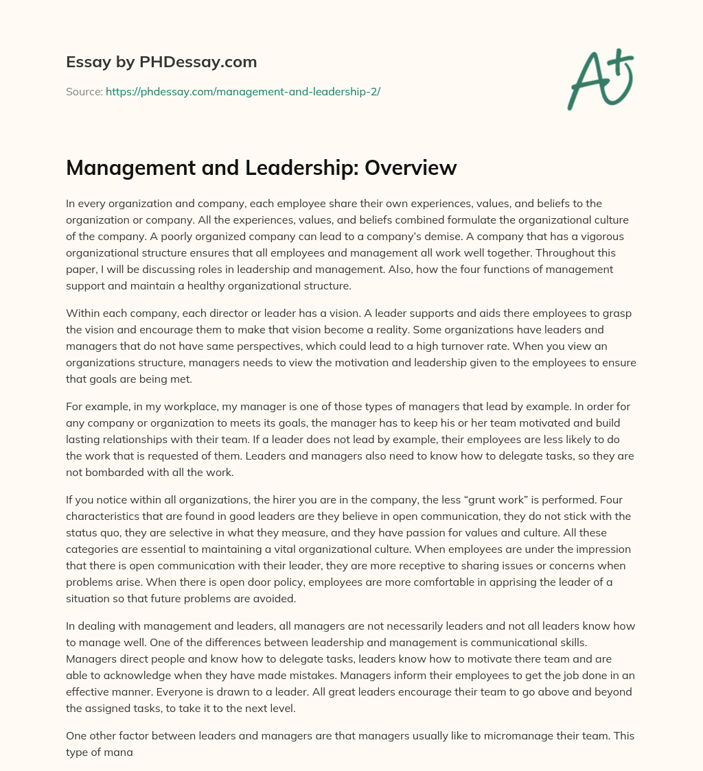 Management and Leadership: Overview essay