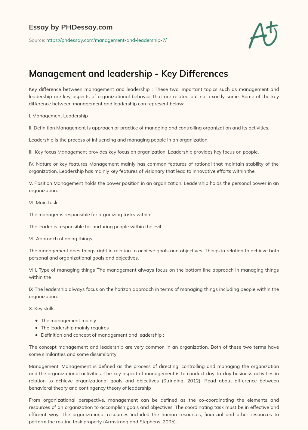 Management and leadership – Key Differences essay
