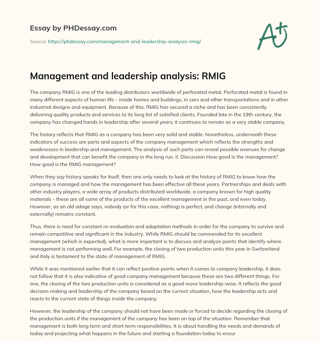Management and leadership analysis: RMIG essay