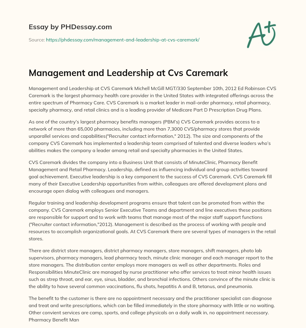 Management and Leadership at Cvs Caremark essay
