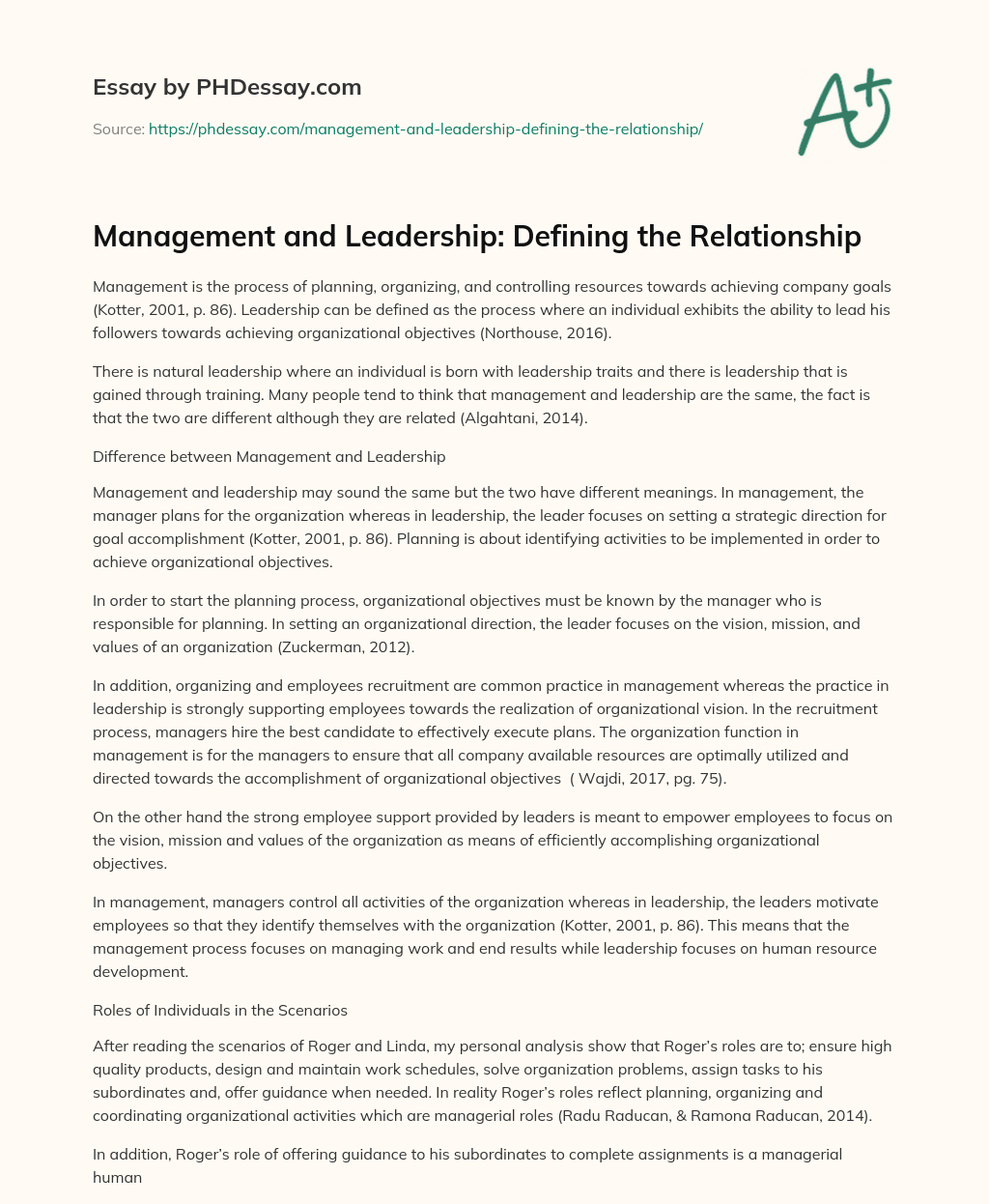 Management and Leadership: Defining the Relationship essay