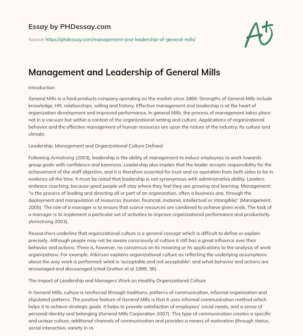 Management and Leadership of General Mills essay