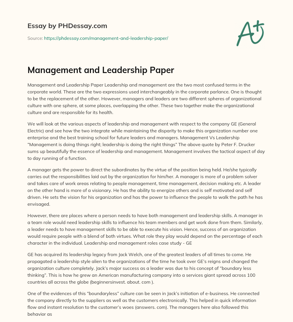 Management and Leadership Paper essay