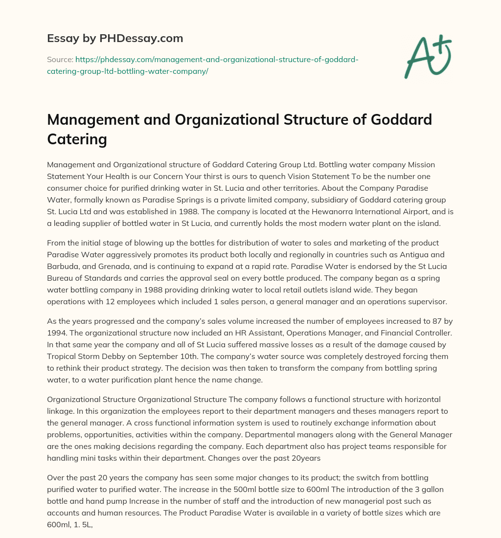 Management and Organizational Structure of Goddard Catering essay