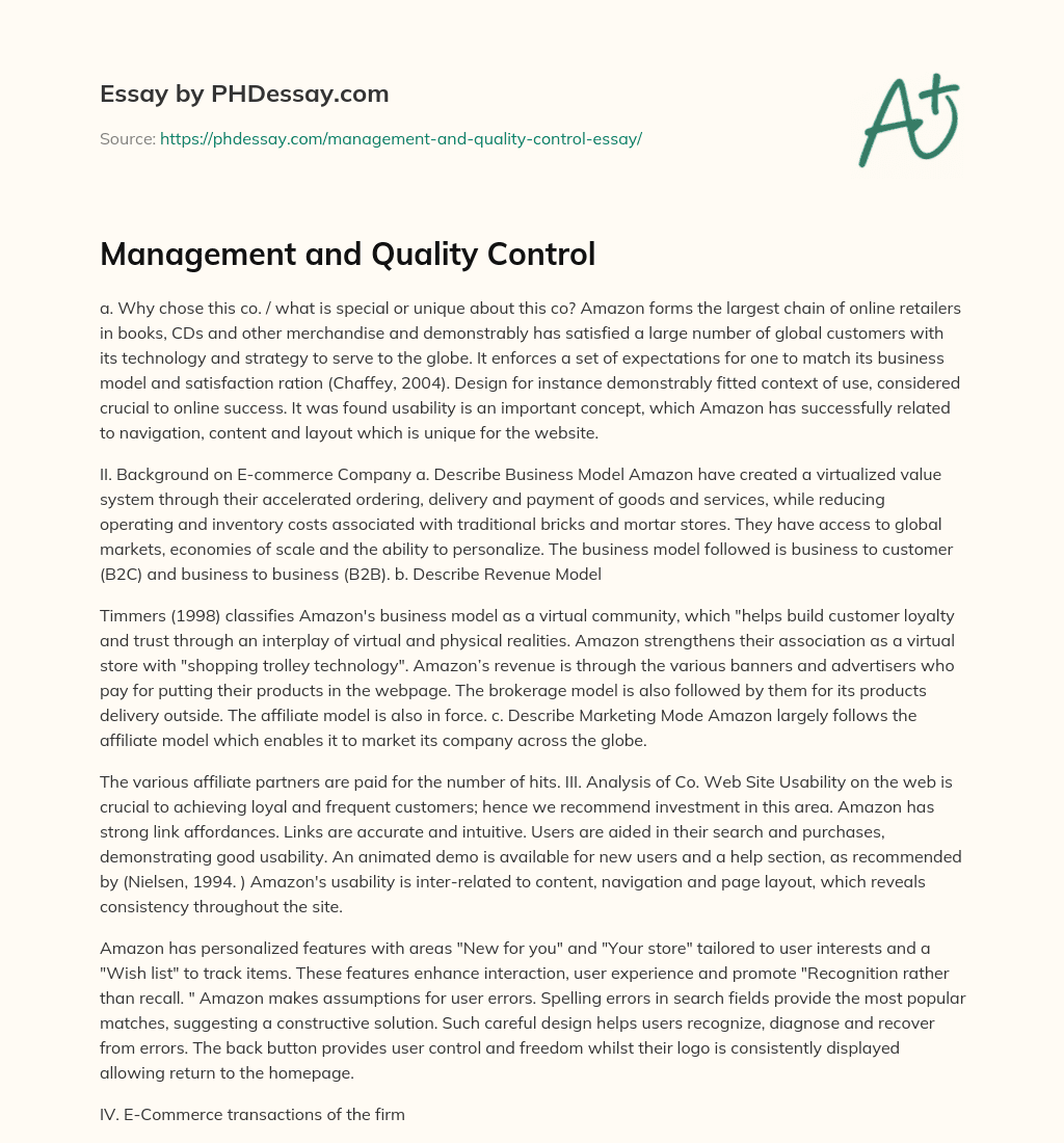 Management and Quality Control essay
