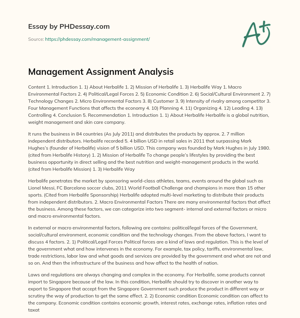 Management Assignment Analysis essay