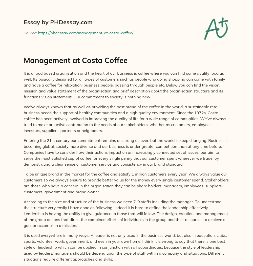 Management at Costa Coffee (500 Words)