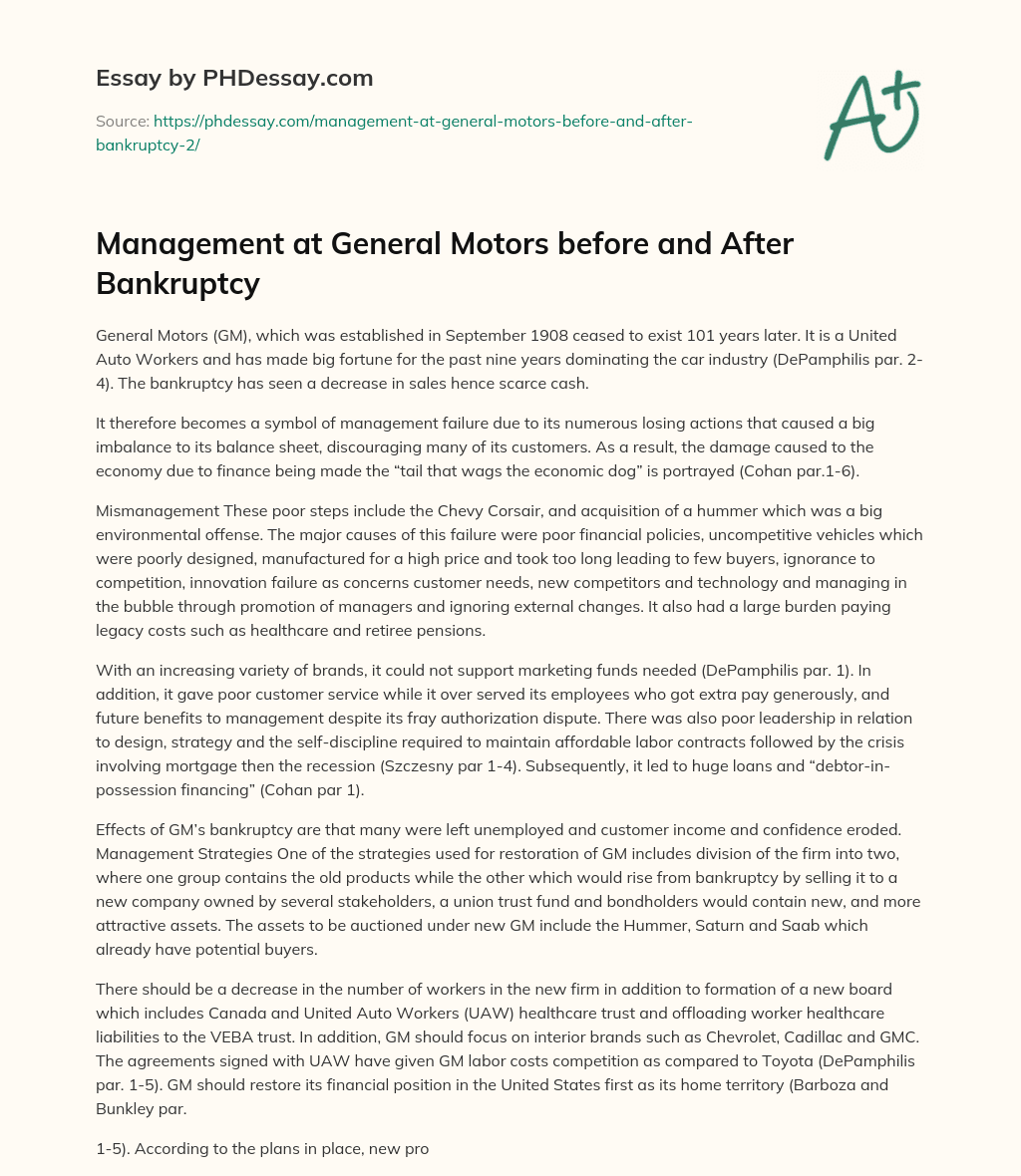 Management at General Motors before and After Bankruptcy essay