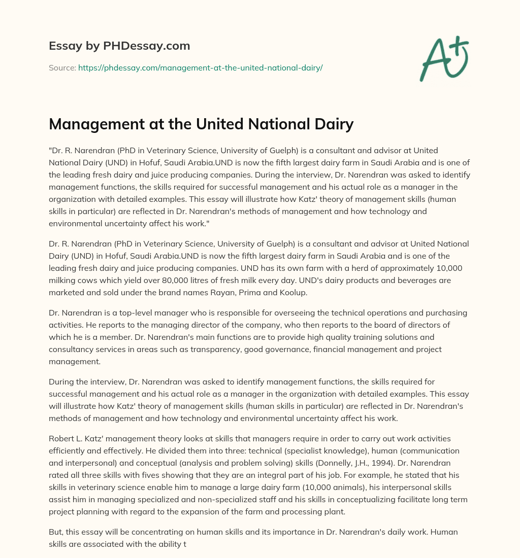 Management at the United National Dairy essay