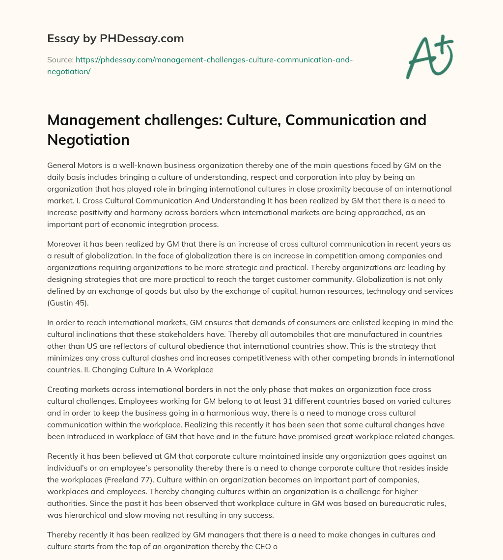 Management challenges: Culture, Communication and Negotiation essay