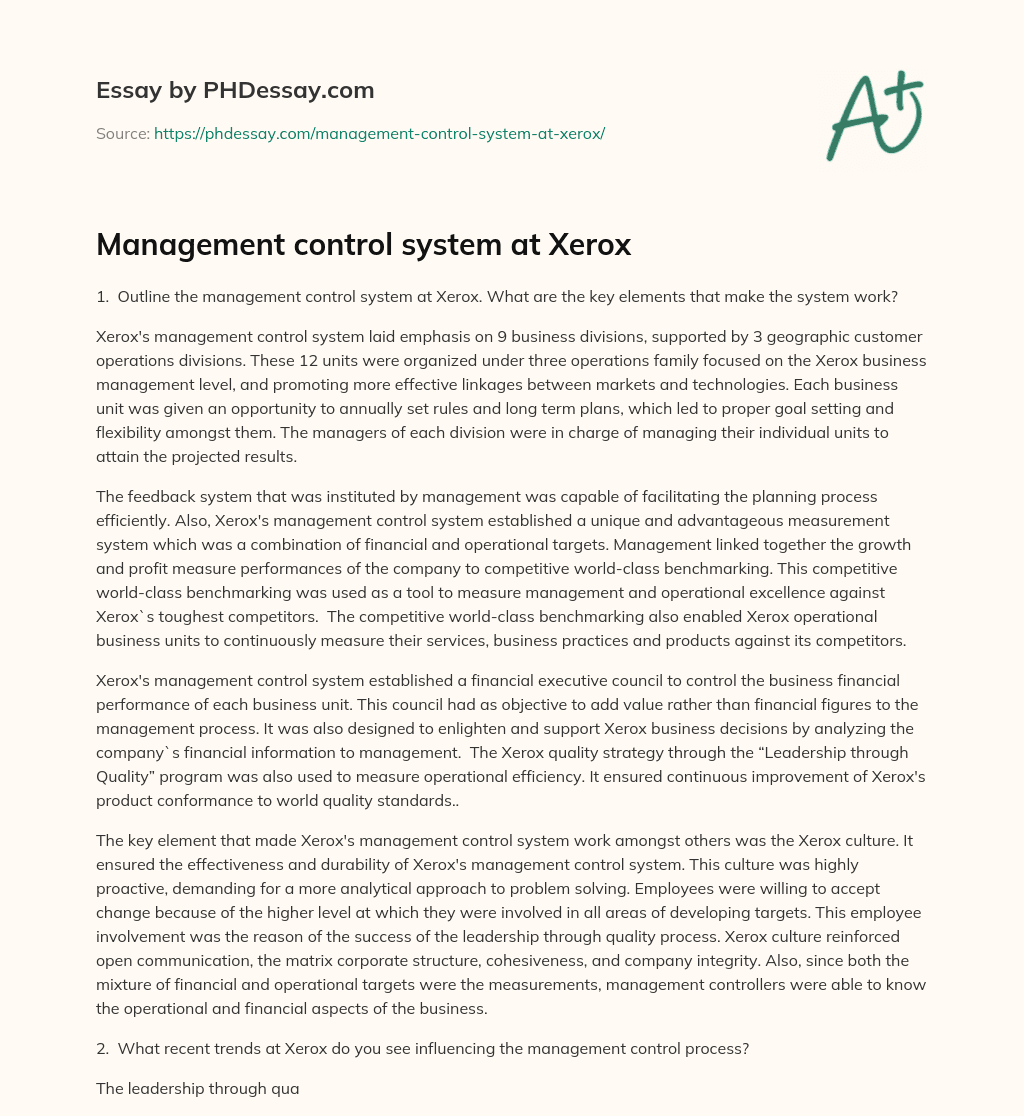 Management control system at Xerox essay