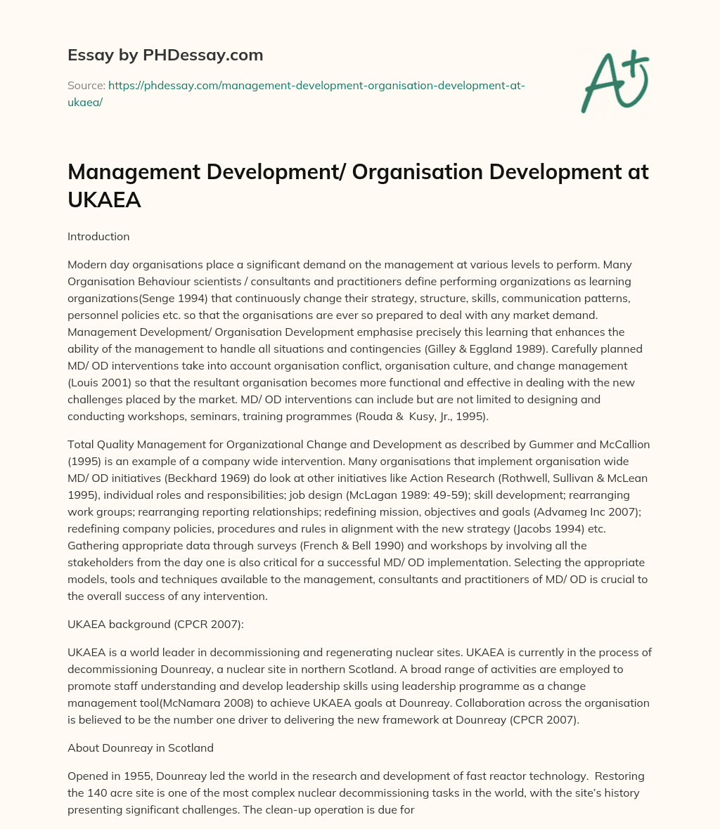 Management Development/ Organisation Development at UKAEA essay