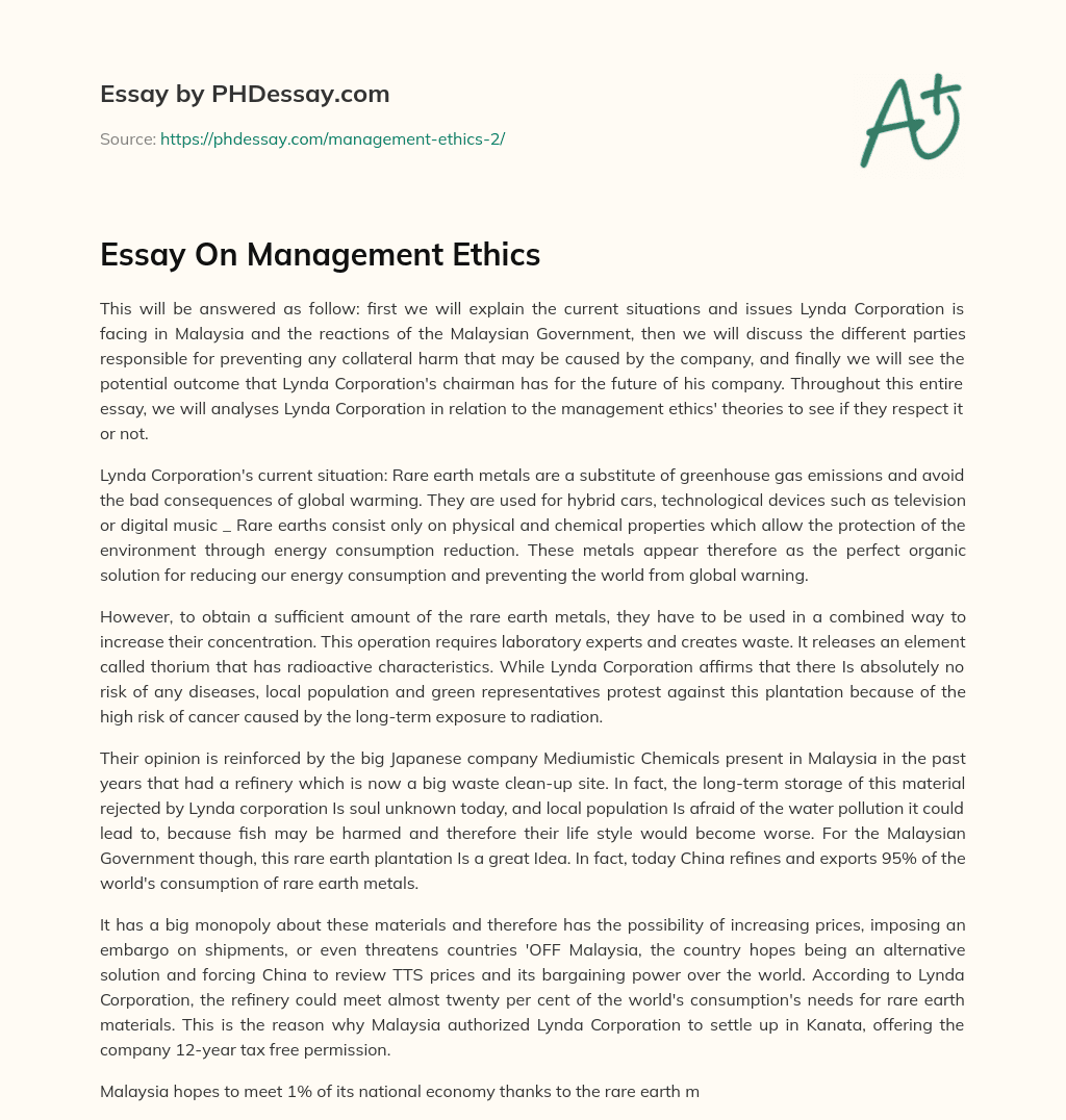 Essay On Management Ethics essay