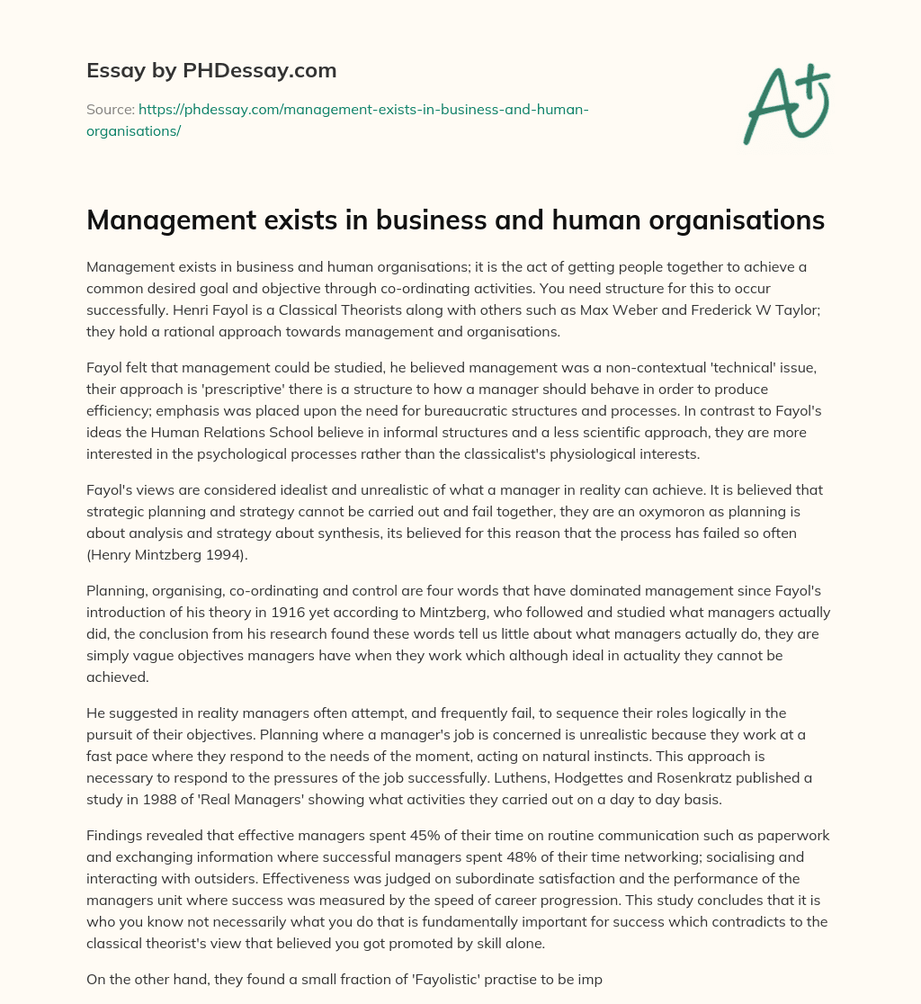 Management exists in business and human organisations essay