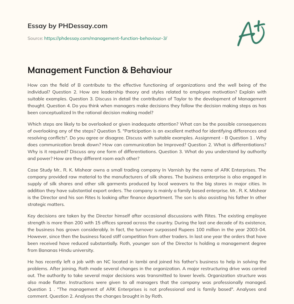 Management Function & Behaviour essay