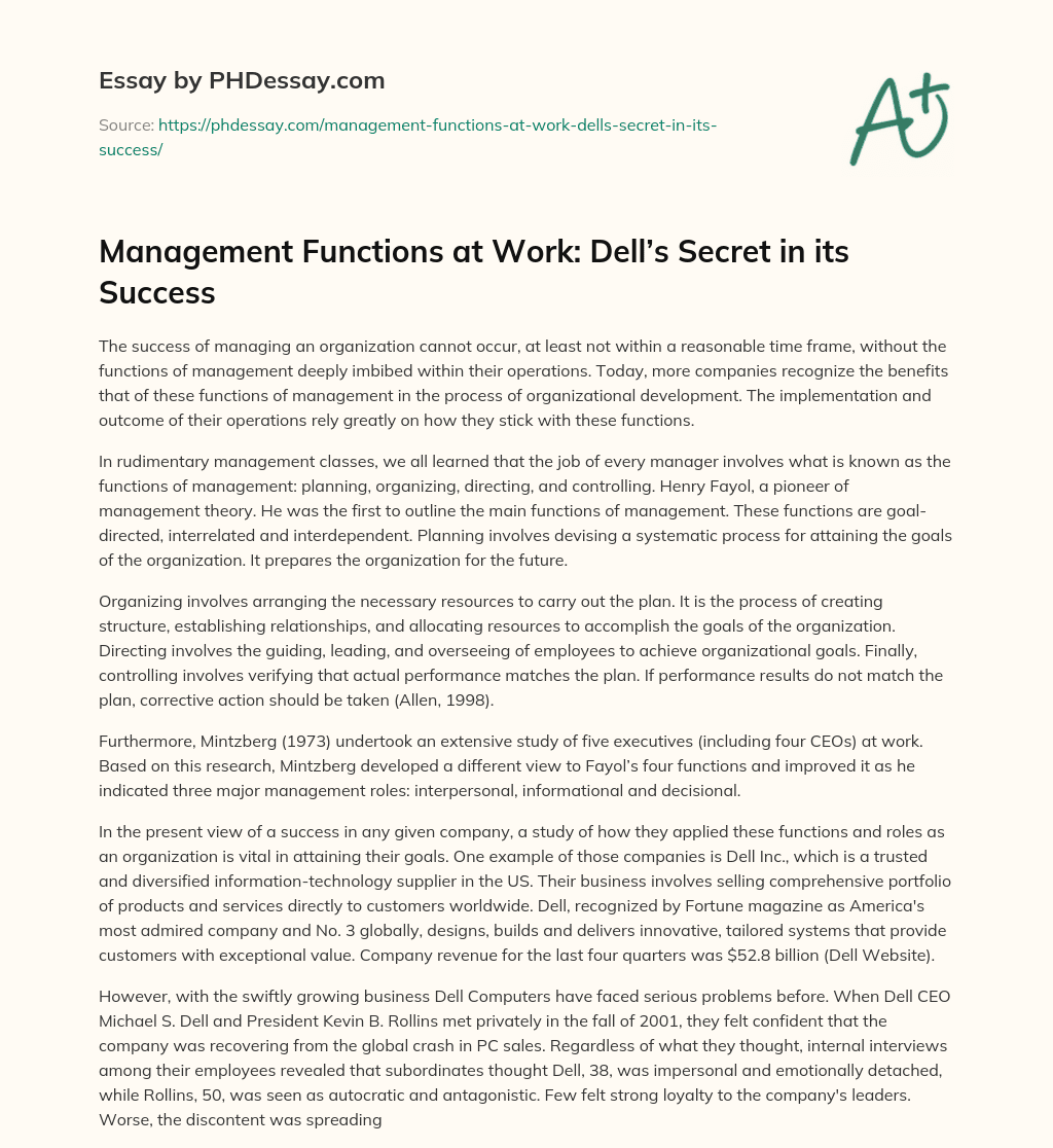 Management Functions at Work: Dell’s Secret in its Success essay
