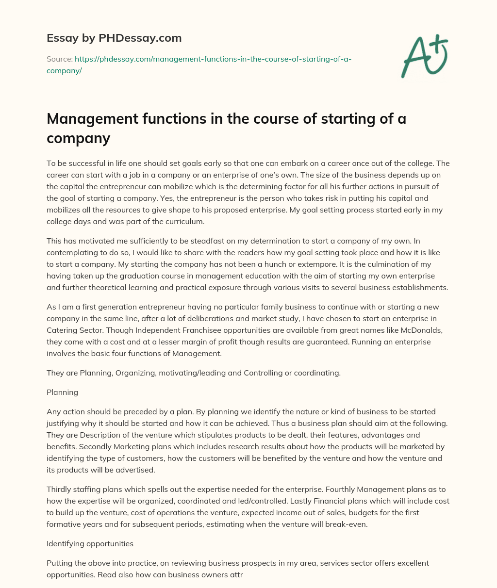 Management functions in the course of starting of a company essay