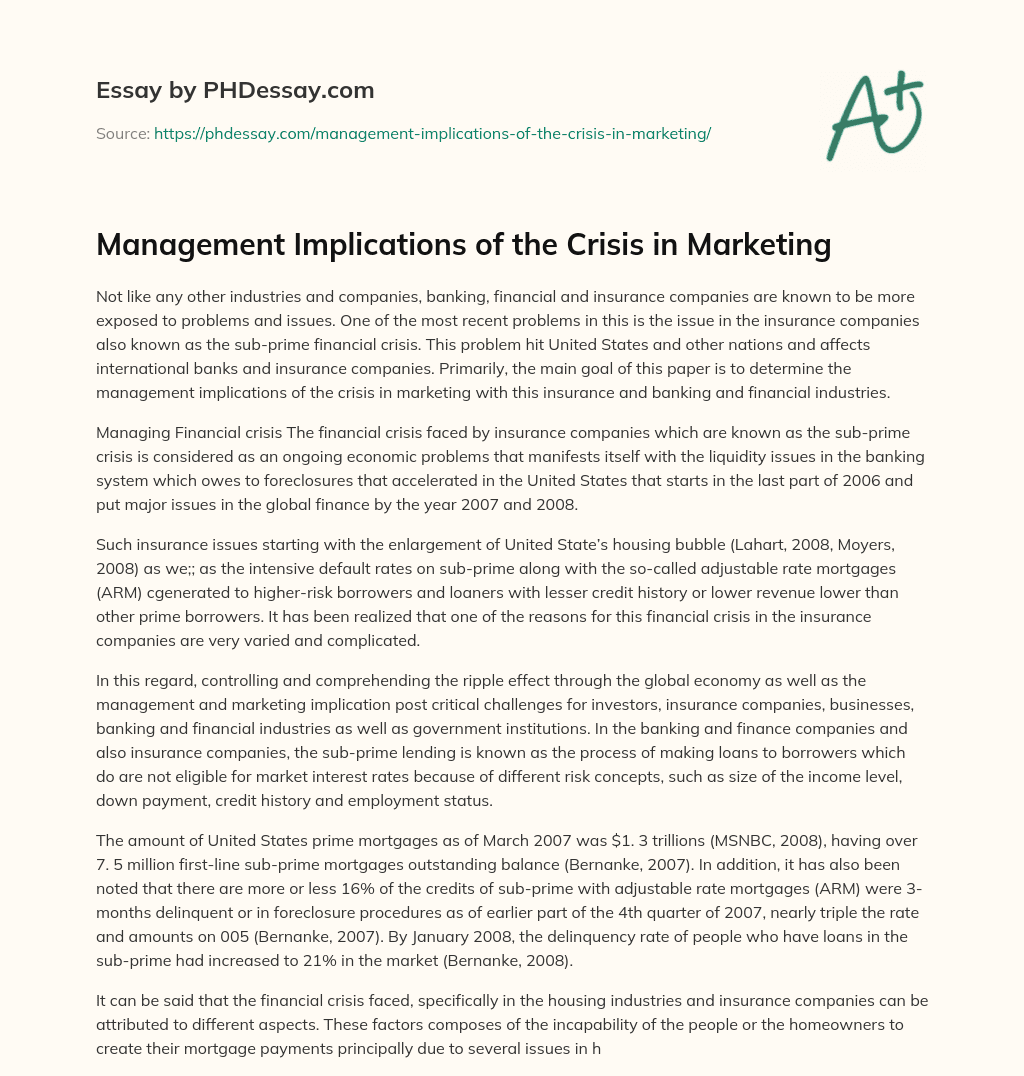 Management Implications of the Crisis in Marketing essay